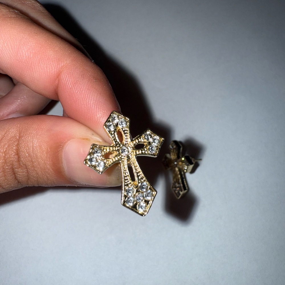Gold Cross Earrings with Crystals